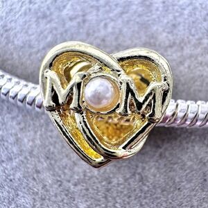 Gold Heart MOM Always In My Heart Pearl Charm fits PANDORA